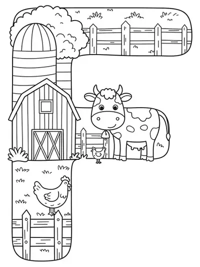 Letter F with a barn, fence, cow, and chicken outlined for coloring