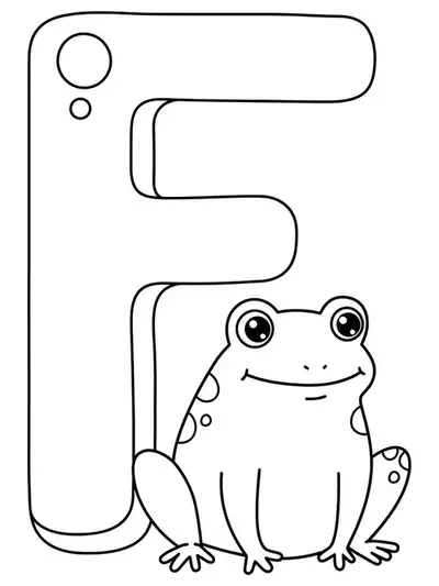 Letter F with basic frog illustrations, designed for easy coloring by preschoolers.