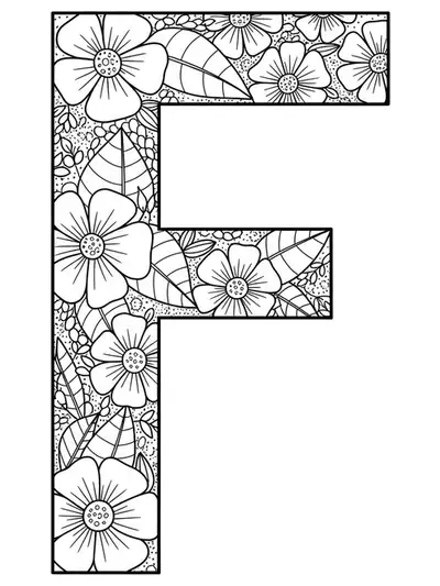 Large letter F with simple flower shapes and leaves, designed for easy preschool coloring.