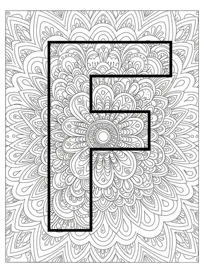 Easy mandala patterns around the letter F, designed for adult coloring.