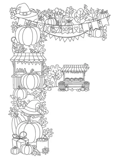 Letter F with pumpkins, leaves, and fall festival decorations for coloring