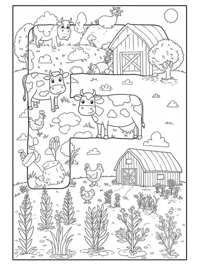 Letter F with farm animals, barn, and crops for coloring
