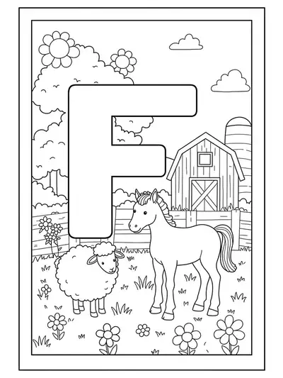 Printable letter F coloring page with sheep, foal, and flowers on a farm for preschool