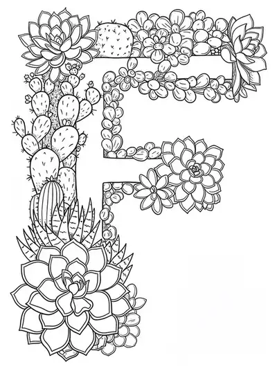 Letter F with a variety of succulents and cacti intertwined for adult coloring