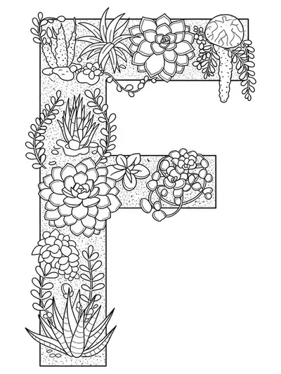 Letter F with intricate terrarium plants, succulents, and botanical patterns for teens