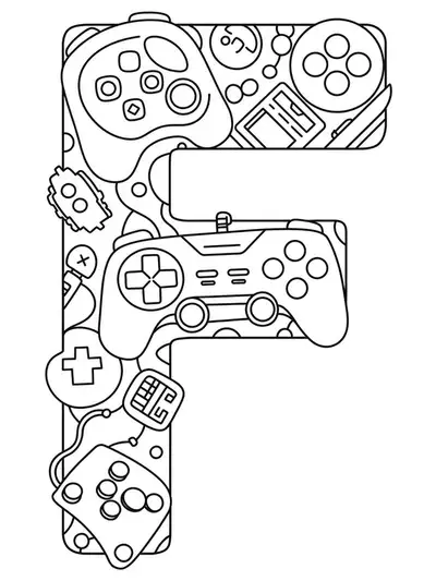 Outlined letter F with simple gaming controller shapes and pixel art motifs, easy coloring for teens.