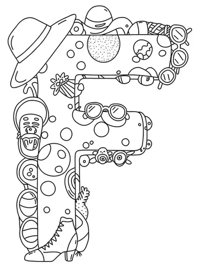 Letter F surrounded by simple outlines of hats, shoes, and sunglasses, teen-friendly coloring page.
