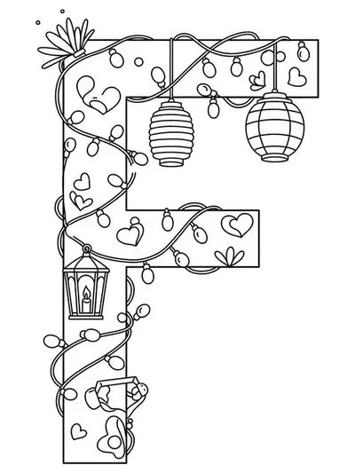 Letter F with simple festival string lights and lantern outlines, easy coloring for teens.