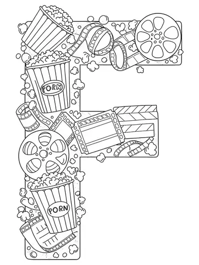 Outlined letter F with easy popcorn, film reel, and movie ticket shapes, ideal for teen coloring.