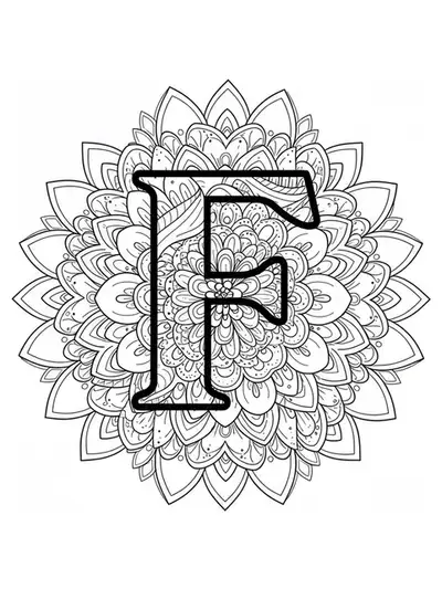 Large letter F encircled by simple mandala and floral elements, easy for teens to color.