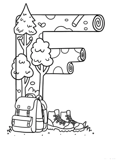 Outlined letter F with simple forest trees, a backpack and hiking boots, easy for teens to color.