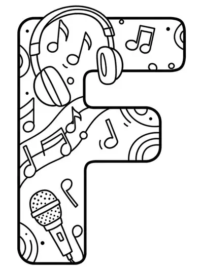 Letter F with simple music notes, headphones, and microphone designs, easy teen coloring page.