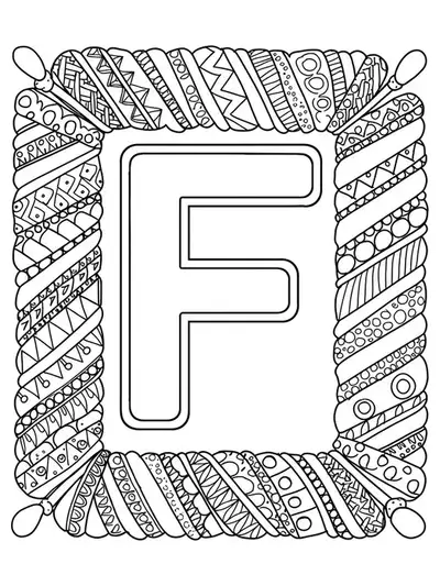 Letter F with simple friendship bracelet patterns surrounding it, easy for teens to color.