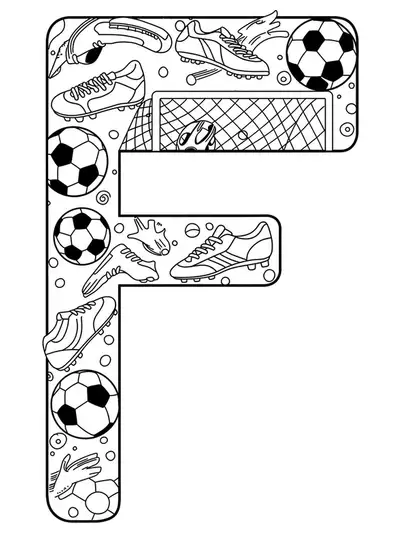 Large letter F with easy soccer balls, cleats, and goal net outlines, ideal for teen coloring.