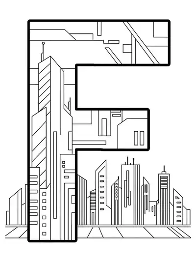 Letter F outlined in front of a simple futuristic city skyline, easy coloring page for teens.