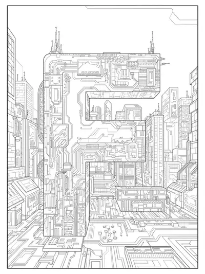 Letter F embedded in a detailed cyberpunk cityscape with skyscrapers and neon lines for teens