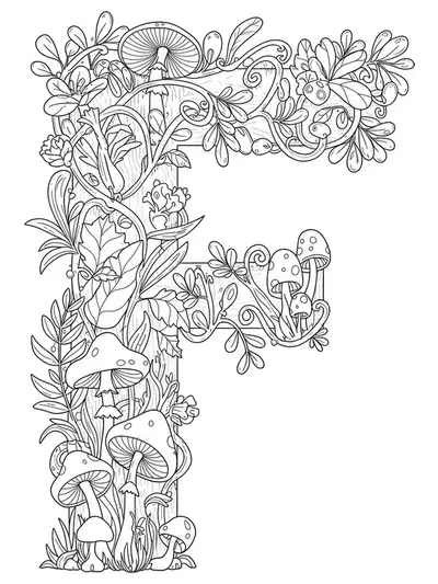 Letter F surrounded by enchanted forest motifs like mushrooms and vines for adult coloring