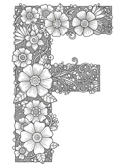 Detailed letter F with various flowers, petals, and vines for preschoolers
