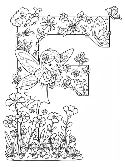 Letter F coloring page with a fairy, flowers, and butterflies in a magical garden for preschool