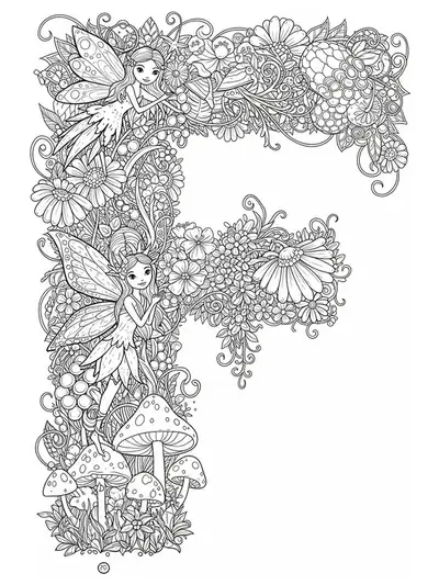 Detailed fairy garden with letter F, surrounded by fairies, flowers, and mushrooms, hard coloring page for kids