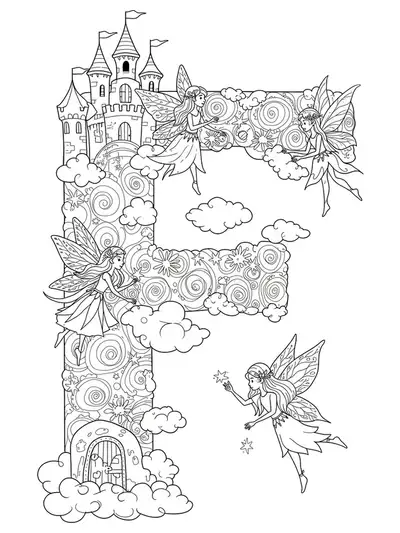Intricate letter F with fairy, castle, clouds, and fantasy details for preschoolers