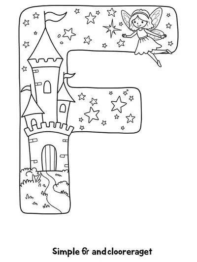 Letter F with a fairy tale castle, stars, and a fairy for easy coloring