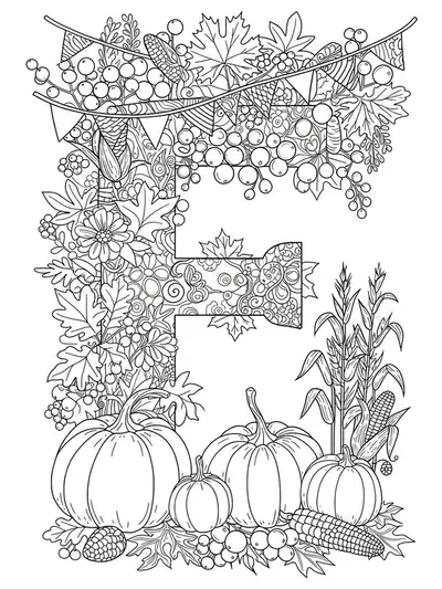 Complex fall festival scene with letter F, pumpkins, leaves, and banners, hard coloring page for elementary kids