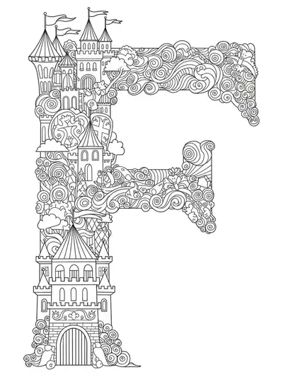 Letter F beside detailed fantasy castles, towers, clouds, and flags, hard coloring page for elementary kids