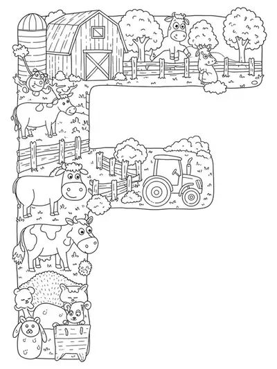 Intricate letter F with barn, tractor, cow, chicken, and farm details for preschoolers