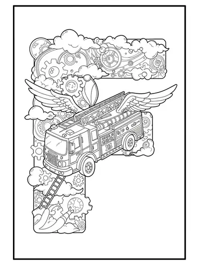Intricate letter F with a firetruck flying in the clouds for preschoolers