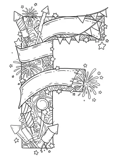 Complex letter F with fireworks, stars, and banners for preschool celebration coloring
