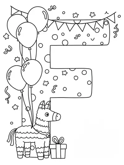 Big letter F with balloons, a piñata, and streamers around it