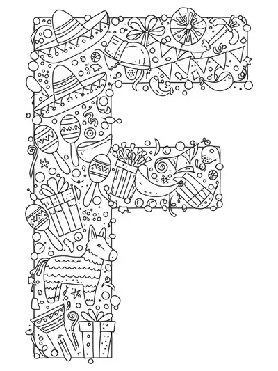 Letter F surrounded by fiesta elements like maracas, sombreros, and piñatas, hard coloring page for elementary