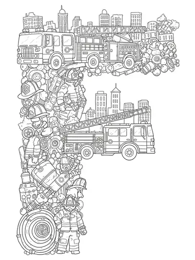 Letter F amid detailed firefighter gear, fire trucks, and cityscape, hard coloring page for kids