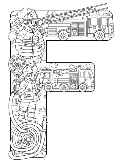 Detailed letter F with fire truck, firefighter, ladder, and fire hose for preschoolers