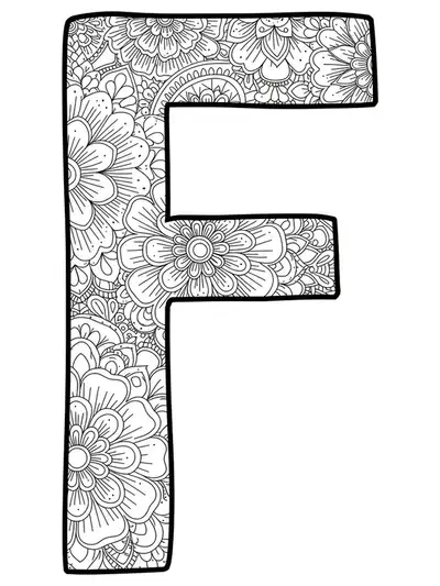 Letter F decorated with floral mandala patterns for adult coloring