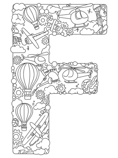 Letter F with detailed flying machines like airplanes and balloons, hard coloring page for elementary kids