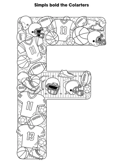 Intricate football-themed scene with letter F, footballs, jerseys, and field lines, hard coloring page for kids