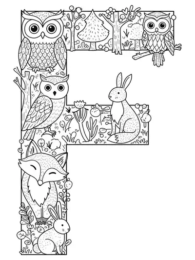 Letter F with intricate forest animals and tree patterns, hard coloring page for kids