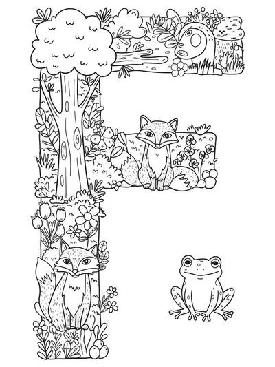 Intricate letter F surrounded by fox, frog, trees, and flowers in a forest setting for preschoolers