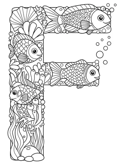 Detailed letter F with friendly fish, seaweed, and bubbles in an underwater scene