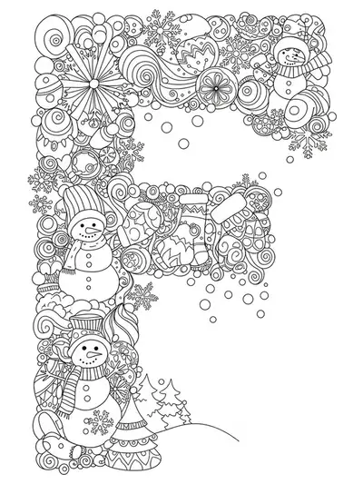 Letter F in a winter scene with snowflakes, snowmen, trees, and mittens, hard coloring page for kids