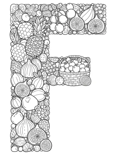 Letter F surrounded by intricate fruits and fruit baskets, hard coloring page for elementary kids