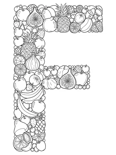 Complex letter F surrounded by detailed drawings of fruits for preschoolers