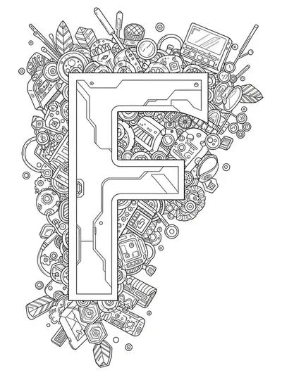 Letter F surrounded by intricate geometric and futuristic fashion patterns for teens
