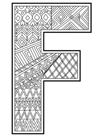Letter F with layered geometric shapes and patterns for adult coloring