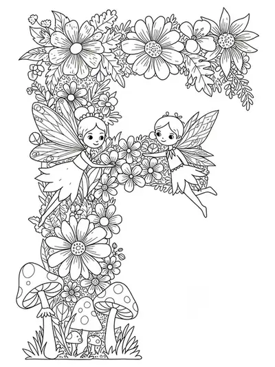 Letter F with fairy, flowers, and mushrooms for elementary coloring