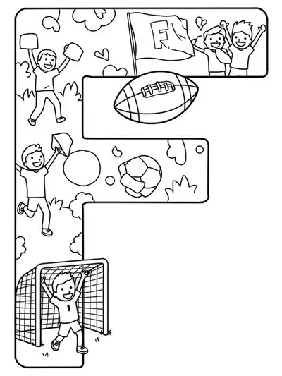 Letter F with a football, goalpost, and cheering fans for easy coloring