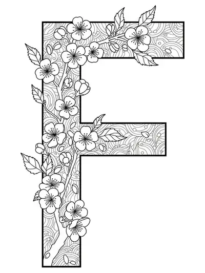 Letter F decorated with detailed cherry blossom branches and petals for teens