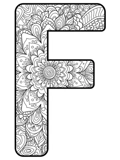 Intricate letter F coloring page with mandala and graffiti elements for teens